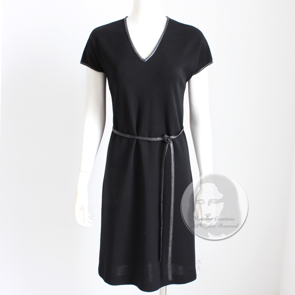 Bonnie Cashin for Sills Dress and Belt Black Wool Jersey Leather Trim Vintage